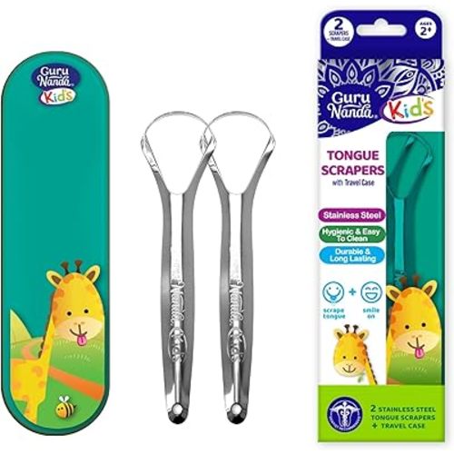 GuruNanda Kids Tongue Scraper (2-Pack) with Travel Case, Stainless Steel, Aids in Fresh Breath - Travel-Friendly Tongue Cleaner (Green/Pink/Orange)