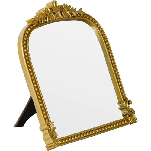 Gold Plastic Arched Makeup Mirror, Standing, Hanging or Wall Mount, Bathroom, Living Room, Bedroom Gold Decorative Mirror (10.6x8.6 inch)