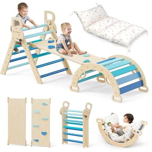 BlueWood Pikler Triangle Set with Cushion, 8-in-1 Climbing Toys for Toddlers, Montessori Philosophy Play Jungle Gym with Arch, Ramp, Ladder(Sky Blue)