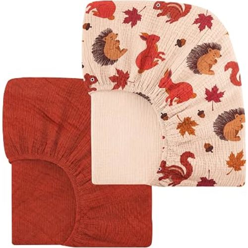 Kiddler&Cloud Crib Sheets Set - Oeko-TEX 100 Certified Pure Muslin Cotton Fitted Crib Sheets for Boys & Girls - 52″×28″ Baby Mattress Covers - 2pc Solid & Printed Set (Woodland Wonders)