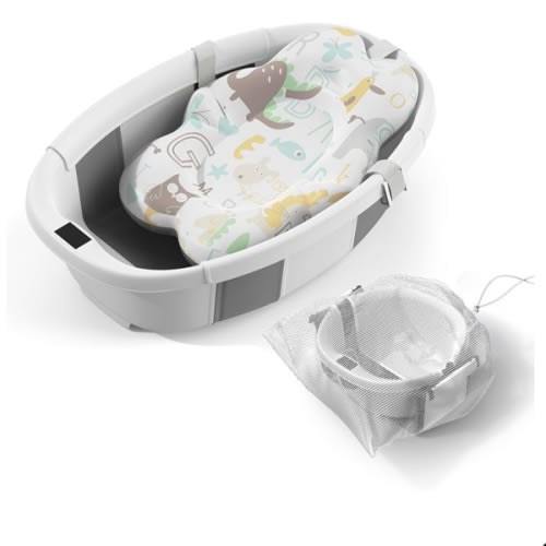 Collapsible Baby Bathtub, 3s to Install, Baby Bath Tub with Soft Cushion & Thermometer, 0-36 Months Newborn Bathtub, Portable Travel Baby Tub, Grey