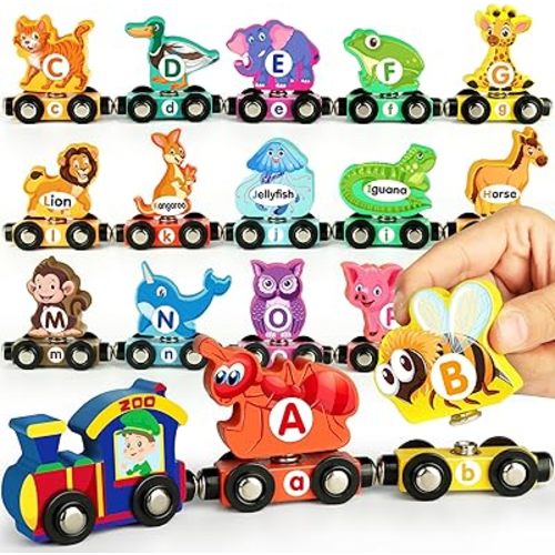 Wooden Alphabet Train Set for Toddlers – Magnetic ABC Train with Snap-Connection, Animal-Themed Educational Preschool Toy for Kids Ages 3-5, Montessori STEM Learning Gift for Boys and Girls