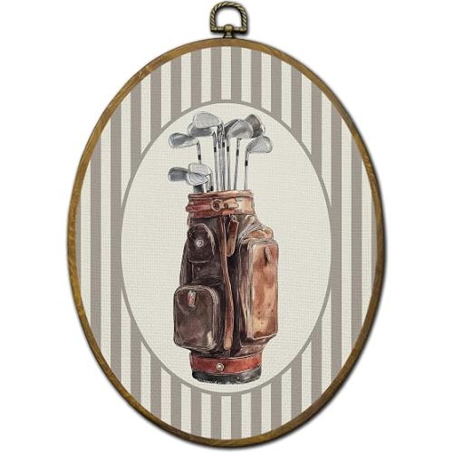 QZQE Golf Boy Nursery Oval Wall Art Decor Framed, Golfing Sports Oval Canvas Prints, Vintage Classic Golf Bag Neutral Striped Sport Wall Hanging Decor for Kids Boy Toddler Room Playroom, 8.6x11.4 Inch