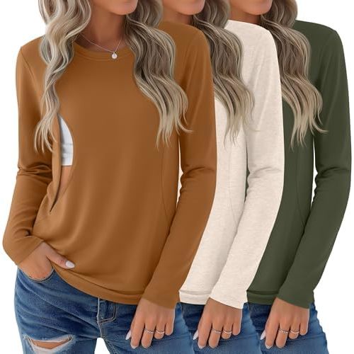 3 Pack Nursing Tops for Breastfeeding Maternity Shirts Zipper Long Sleeve Round Neck Knit Casual Nursing Clothes