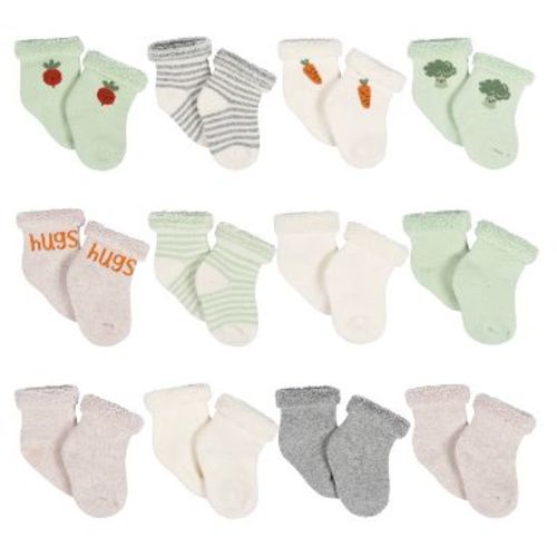 Gerber Baby Neutral 12-Pack Terry Wiggle Proof® Socks Happy Veggies - 0-3 Months