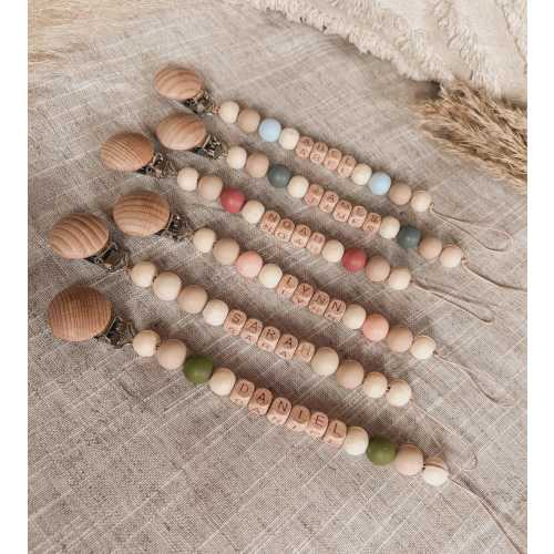 Pacifier Clip with Name – Handmade & Pacifier Clip Personalized – Wooden Silicone Beads – Safe Newborn Gift – Baby Shower Present