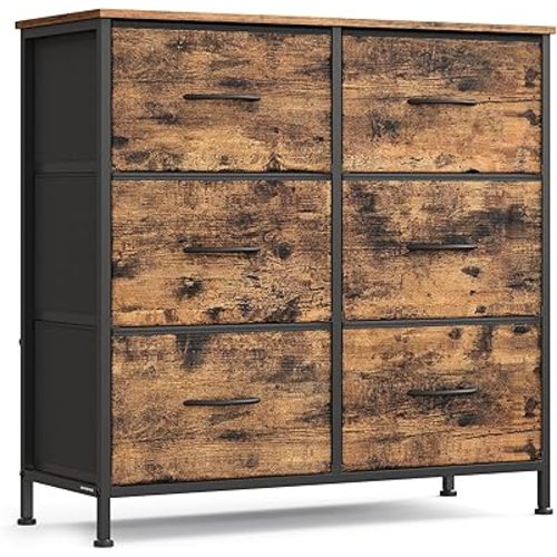 SONGMICS Dresser for Bedroom, Chest of Drawers, TV Stand, Steel, MDF, 6 Non-Woven Fabric Drawers, Storage Organizer Unit, Closet, Entryway, Rustic Brown and Ink Black ULGS123B02S