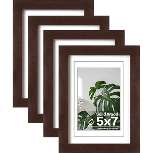 Egofine 5x7 Picture Frames Made of Solid Wood with Plexiglass, Display Pictures 3.5x5/4x6 with Mat or 5x7 Without Mat Set of 4 for Tabletop and Wall Mounting, Walnut Color