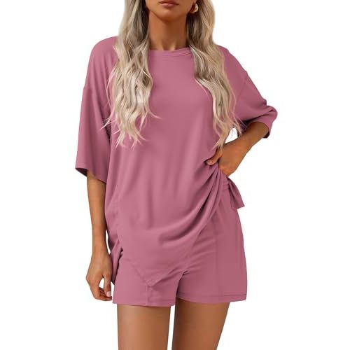 KIRUNDO 2 Piece Sets for Women Summer Lounge Sets Casual | Oversized Tshirts, High Waisted Shorts Matching Set, Postpartum Going Home Outfit for Mom After Birth, Airport Travel Outfits