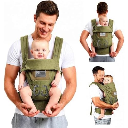 Baby Carrier, Lumbar Support Infant Carrier (0-36M, 8-33 lbs) with Foldable Headrest Carabiners for Big and Tall Parents, Men, Women (Green)