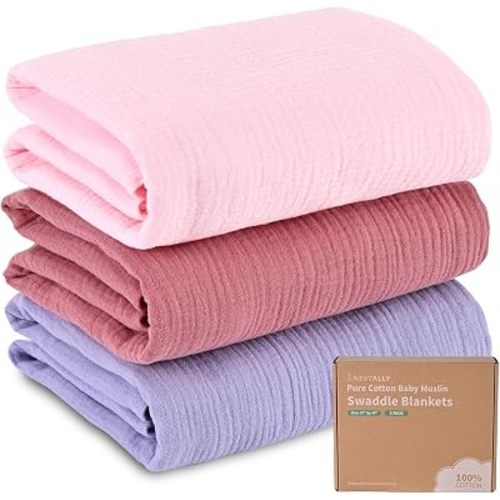 NESTALLY Cocoon Muslin Swaddle Blankets 3 Pack, Pink & Lavender