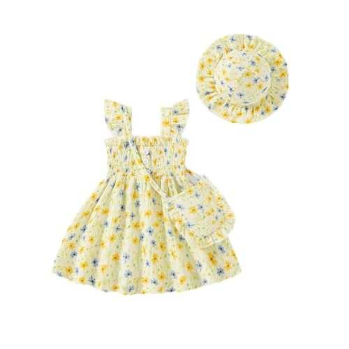 Vibebox Baby Girl Dresses Infant Summer Dress Cute Clothes 0-18 Months | Ruffle Sleeveless Button Dresses, Spring Summer Party Birthday Gifts Outfits, Baby Girls 3-Piece Sundress with Hat and Bag