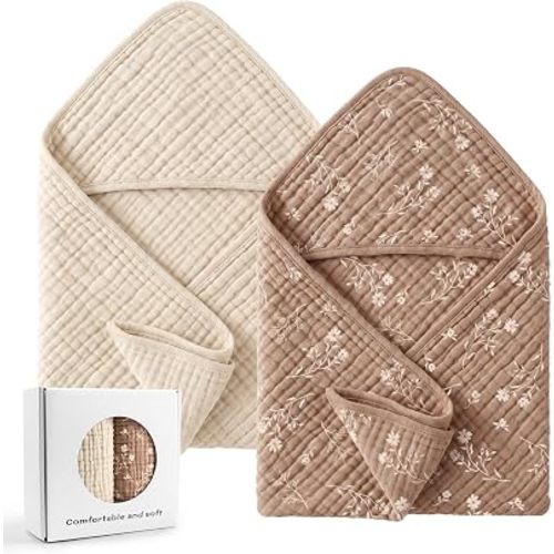 Tunnkit Muslin Hooded Baby Towels for Newborn, 32x32 Inch Floral Hooded Baby Bath Towels, 2 Pack Soft and Absorbent Cotton Baby Towels for Infants and Toddlers, Baby Essentials（Beige & Brown）