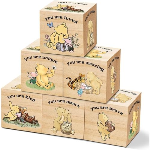 6 Pcs Inspirational Winnie Nursery Decor for Girls and Boys Classic The Pooh Baby Table Wooden Decorations Winnie Baby Animals Shelf Decorations-You are Kind Brave 1.6 Inch
