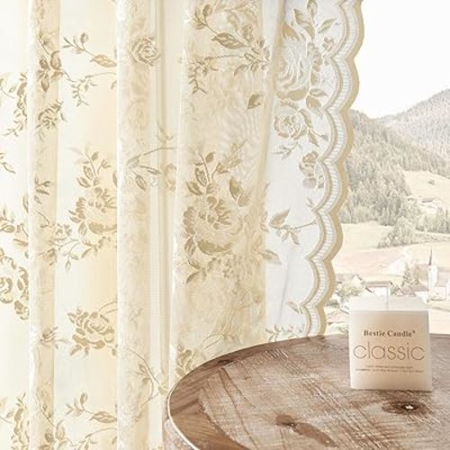 Beige Lace Curtains 84 Inches Long Victorian Floral Sheer Curtains for Living Room Bedroom Decor Drapes Rod Pocket Light Filtering French Window Curtains 2 Panels Set for Dining Room, 52x84