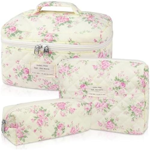 Gosect Makeup Bag Set, Quilted Makeup Bag, Large Floral Cosmetic Bag for Women, Cute Cotton Makeup Bags, Flower Travel Toiletry Organizer Bag (Pink Floer)