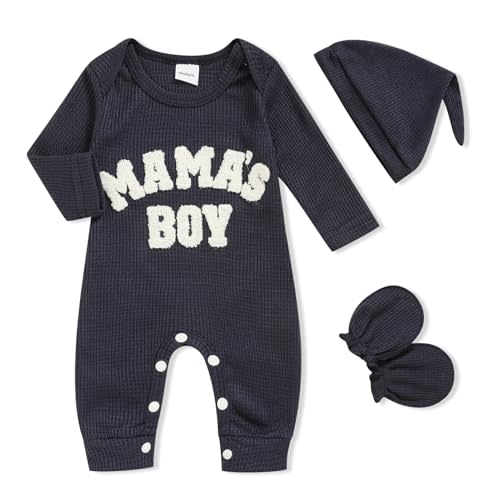 GRNSHTS Newborn Baby Boy Romper Coming Home Outfits Letter Print Bodysuit Jumpsuit+Hat+Gloves 3PCS Clothes Set