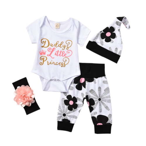 jaweiw 4Pcs Newborn Infant Baby Girls Clothes Set Floral Short Sleeve Tops Romper Long Pants Hat Outfits