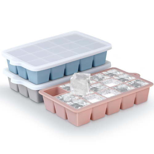 Silicone Ice Cube Trays 3Packs, Square Ice Molds with Lid for Whiskey Cocktails Baby Food, Freezer Safe Stackable BPA Free, Blue Grey Pink