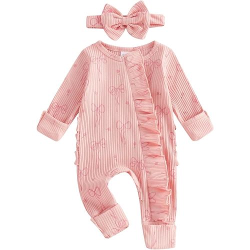 Newborn Baby Girl Fall Outfit Bow Print Long Sleeve Full Length Zipper Front Ribbed Jumpsuit Infant Clothes