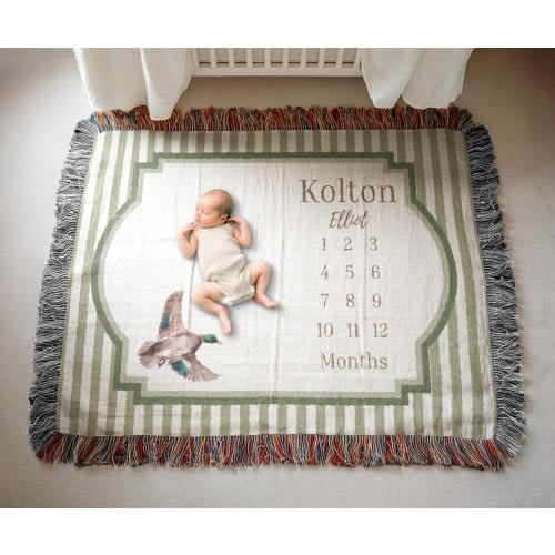Mallard Duck Baby Growth Milestone Woven Blanket, Growth Chart Boy Month Blanket, Keepsake Baby Gift, Personal Baby Gift, Name Baby Blanket