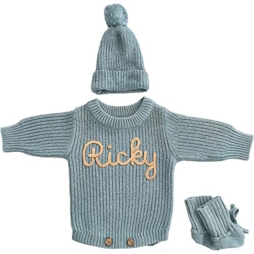 Personalized Baby Name Romper Set, Embroidered Newborn Outfit, Cotton Knit Long Sleeve Romper, Cotton Knit Sweater with Hat & Booties,Coming Home Outfit