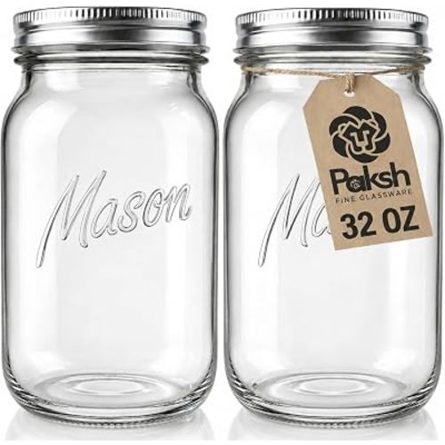 Paksh Novelty Wide Mouth Mason Jars 32 oz, Mason Jars with Lids, 2-Pack