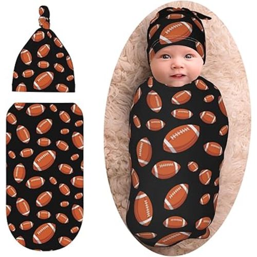 Football Baby Stuff Swaddle Blankets Beanie Hat Sets, Soft and Stretchy Newborn American Football Blanket Swaddle Sack for Baby Shower Infant Boy and Girl