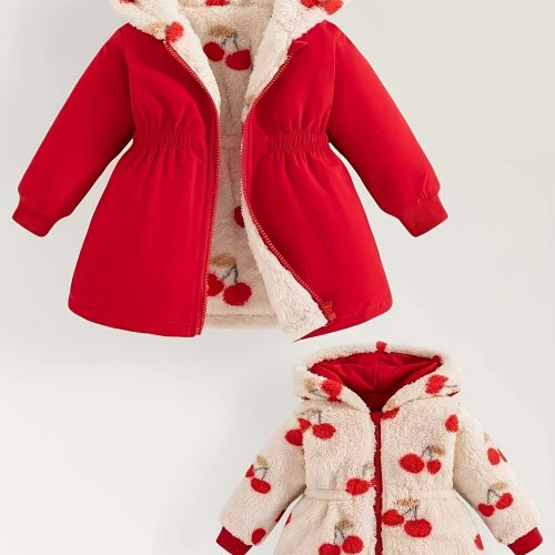 Girls' Winter Reversible Cartoon Pattern Plush Hooded Outerwear for Toddlers and Young Children