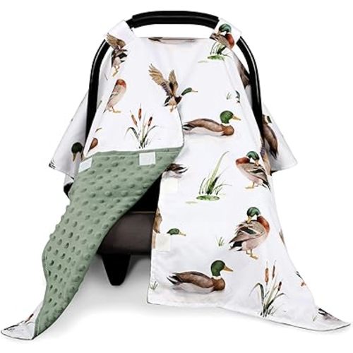 Green Car Seat Cover Baby Boy, Peekaboo Infant Car Seat Cover Summer, Multi-Use Newborn Carseat Canopy, Nursing Cover, Blanket, Mallard Duck