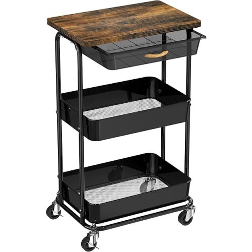 Simple Houseware 3-Tier Rolling Utility Cart with Drawer & Wood Tabletop - Mobile Sofa Side Table, Nightstand, Slim Storage Organizer Trolley for Bedroom, Bathroom, Office & Art Supplies, Rustic Brown