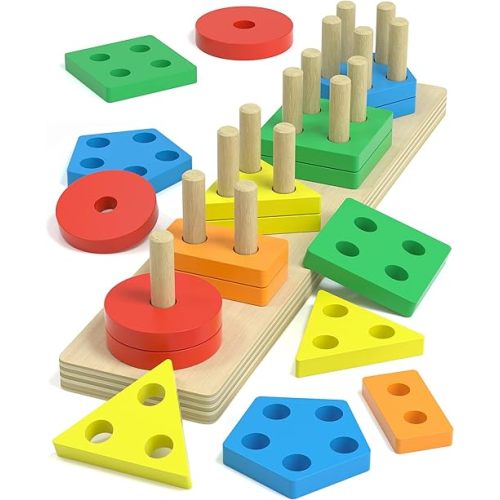 Montessori Toys for 1 2 Year Old Girl and Boy Birthday Gifts, Shape Sorter Wooden Toys for Toddlers Age 1-3 2-4, Learning Educational Sensory Stacking Toddler Puzzles