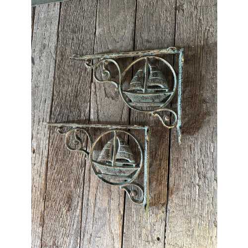 Set Of 2 - Verdigris Green Cast Iron Sailboat Brackets Pair Beach House Ocean Nautical