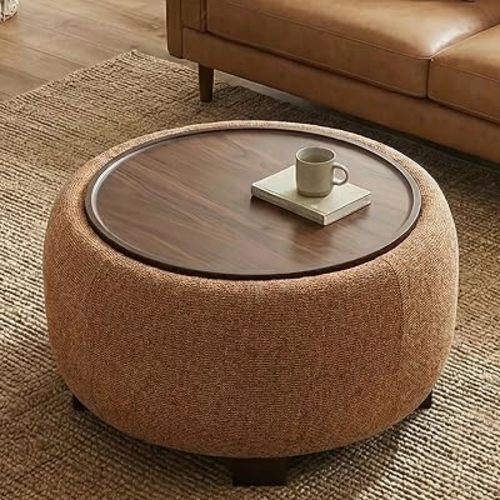 VKNOW Round Storage Ottoman, Ottoman Coffee Table with Removable Wood Top