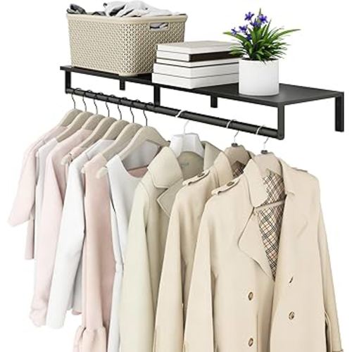 Wall Mounted Clothes Rack with Top Shelf, 41'' Industrial Clothing Rack Heavy Duty, Metal Shelf with Hanging Rod, Garment Rack Laundry Room Shelves, Space Saving