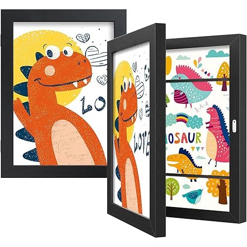 BAIJIALI Black Art Frames for Kids Artwork - Front Opening Holds 150 Drawings, 3D Crafts - 2 Packs 8.5x11 with mat or 9x12 without Mat
