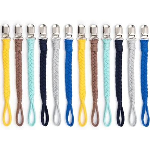 Pacifier Clip 12 Pack – Handmade Braided Cotton Paci Holder for Baby Boys,Soft & Safe Binky Leash,6 Vibrant Colors Binky Clips Fit for All Pacifiers