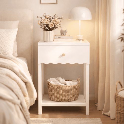 Modern White Nightstand with Drawer and Open Shelf,Scalloped Edge Bedside Table for Bedroom, Cute Minimalist Side Table for Kids Room or Girls' Room