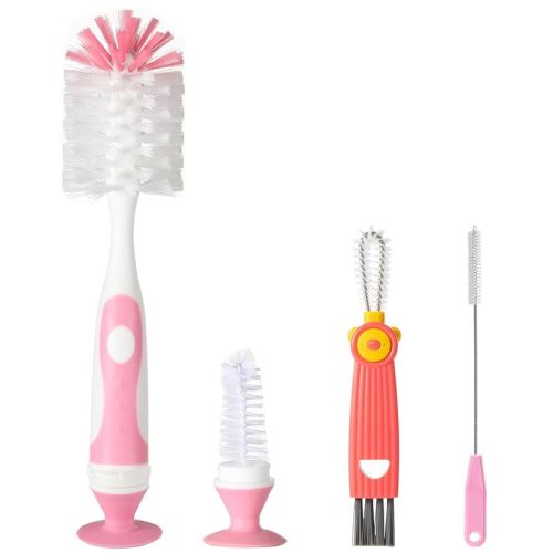 4-in-1 Baby Bottle Brush Set, Including Nylon Bottle Brush, Cap, Straw, Nipple Brushes, BPA-Free (Pink)