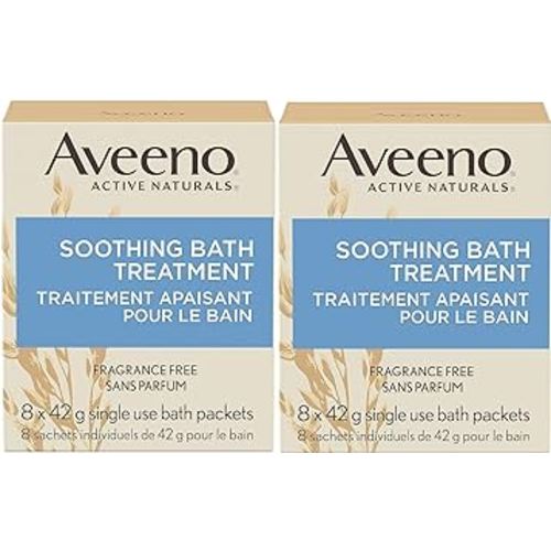 Aveeno Fragrance Free Soothing Bath Treatment, 100% Natural Colloidal Oatmeal, Sensitive Skin Bath Soak for Relief of Dry, Itchy, Irritated Skin Due to Eczema & Hives, Bath Packets, 8 ct. (Pack of 2)
