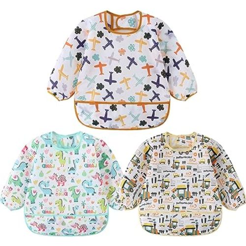 3 Pcs Waterproof Long Sleeves Baby Bibs Weaning Smock Bib 3-24 Months