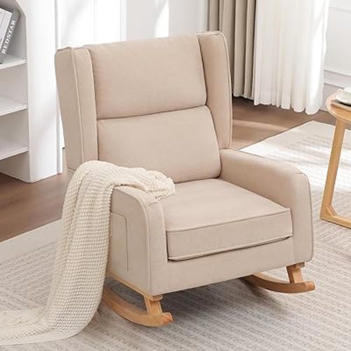 Nursery Rocking Chairs, Rocking Chair Nursery for Mom Nursery Rocker with High Backrest and Solid Wood Legs, Modern Wingback Accent Chair for Reading Living Room Bedroom, Khaki