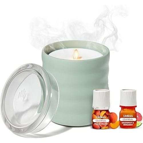 Lifelines Flameless Candle Aromatherapy Essential Oil Diffuser with 2 ClickWick Essential Oil Blends - Cordless & Waterless Diffuser for Home - Scented Electric Candles Blow Out Flame - Green Bubble