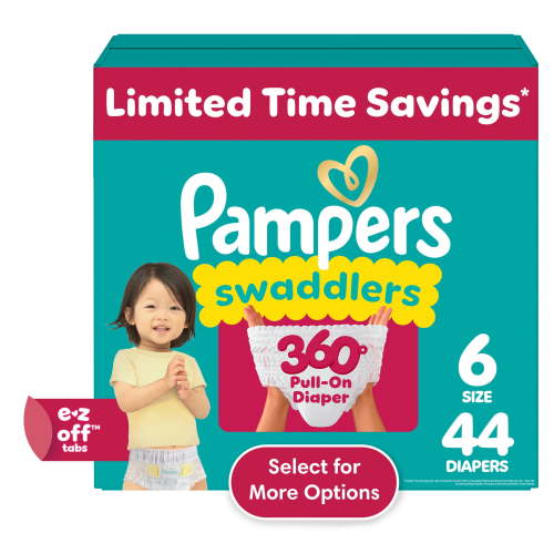 Pampers Diapers Size 6 35+ lbs, 44 Count, Leakproof Skin Protection, Pull-On Waddler