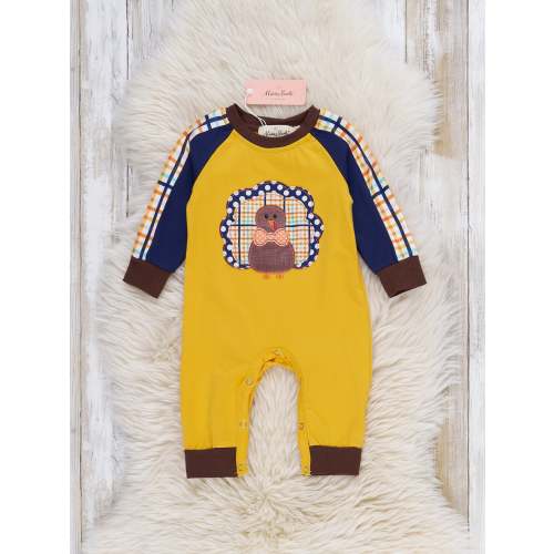 Yellow Plaid Embroidered Turkey Romper