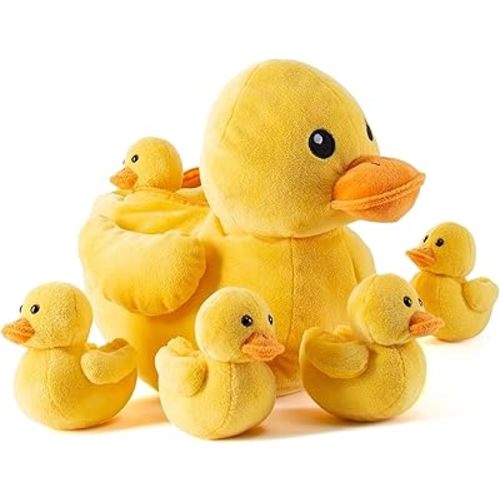 PREXTEX Plush Duck Toys Stuffed Animal with 5 Ducks Baby Stuffed Animals - Big Duck Zippers 5 Little Plush Baby Ducklings - Toys for Kids 3-5 - Duckling Toy - Gift for Ducks Lovers