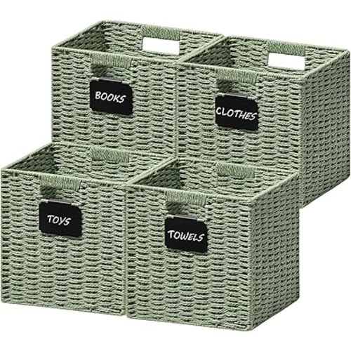 UBBCARE 4 Pack Small Wicker Basket, 9×9 Storage Cubes with Label, Foldable Green Decor Cube Storage Bin with Handle, Square Storage Basket for Shelves, Woven Paper Rope Basket for Organizing, Green
