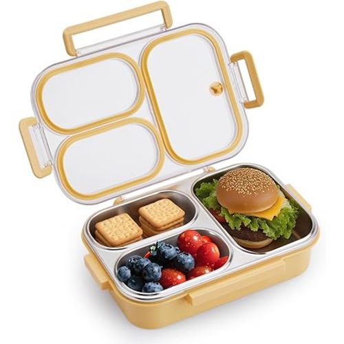 Kabbas Stainless Steel Bento Box Kids & Adults - 25 Oz Metal Lunch Box with 3 Compartments, Premium 304 Stainless Steel Lunch Box for Kids, Dishwasher Safe, Suitable for School, Office, Outside