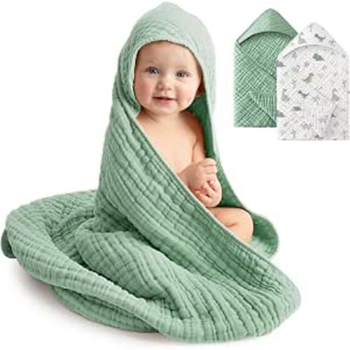 Baby Bath Towels, 100% Muslin Cotton Hooded Baby Towels Girl Boy for Newborn, 2 Pack Baby Towels with Hood for Infant Toddler and Kids, Large 32x32Inch, Soft and Absorbent Green Dinosaur