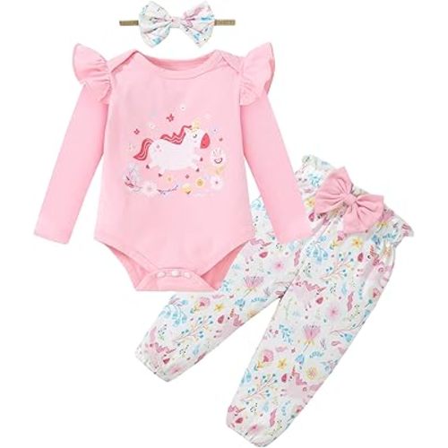 DISAUR Baby Girl Clothes Ruffle Romper Pants Headband 3PC Set 0-18 Months